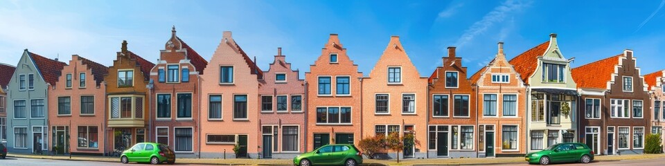 Fototapeta premium Sunny day, green cars in front of new peach brick Dutch houses, wide view.