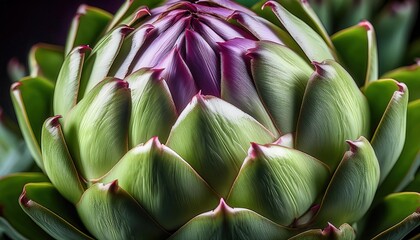 Fototapeta premium Intricate Close-Up Macro of Artichoke Bud with Vivid Green and Purple Ribbed Leaves, Highlighting Natural Patterns, Symmetry, and Texture for Botanical, Culinary, and Organic Themed Visuals