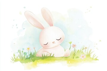 Obraz premium Peaceful Bunny in a Serene Pastel Meadow Dreamland Illustration. Watercolor Nursery Art.