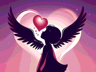 Abstract Illustration sillhouette a cute angel and heart. Love symbol background