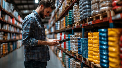 retail employee checking inventory on tablet in warehouse aisle filled with colorful packaging materials