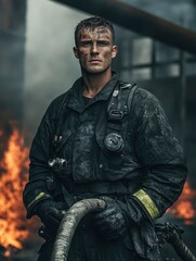 Fototapeta premium Model looking firefighter male portrait in full gear, standing in front of a smoldering building