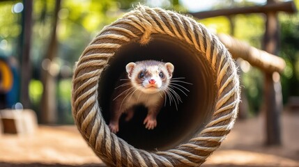 Obraz premium Curious Ferret Peeking Out of a Rope Tunnel