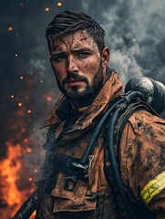 Obraz premium Model looking firefighter male portrait in full gear, standing in front of a smoldering building