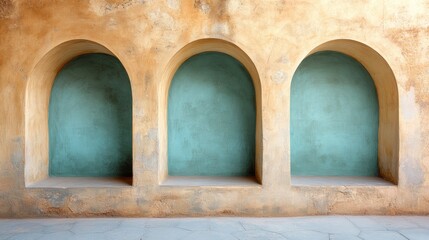 Three Teal Recessed Arches in Tan Wall Architectural Detail