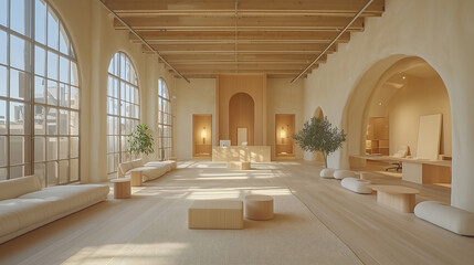 minimalist office setting with natural light, featuring wooden furniture, large windows, and serene atmosphere. space promotes creativity and calmness