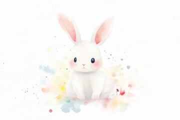 Adorable Watercolor Bunny with Soft Pastels and Gentle Splashes of Color. Watercolor Nursery Art.