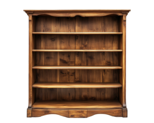 Wooden bookshelf on white or transparent background