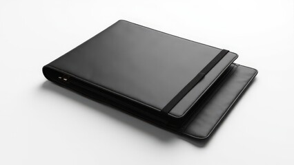 Elegant folder portfolio mockup with sleek leather design, lying flat on a white background.
