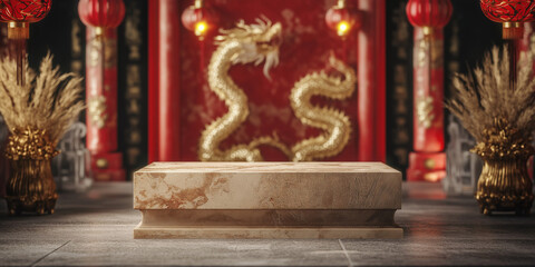 Fototapeta premium 3D empty podium for products with chinese new year style and dark background. Chinese new year background
