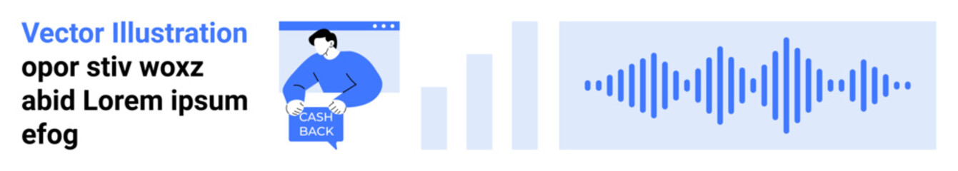 Person using a laptop, sound wave graphic, bar chart. Ideal for technology, audio, analytics, data visualization, education, marketing, presentations Landing page