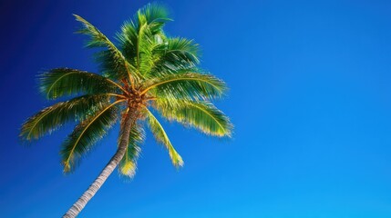 Tropical beach scene featuring a coconut palm against a backdrop of a clear blue sky