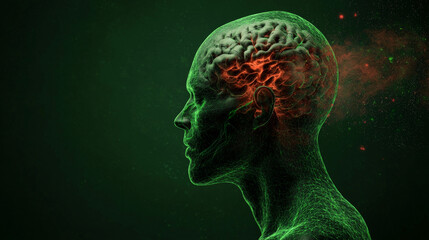 A digital representation of a head with a glowing brain, showcasing neural activity with vibrant colors against a dark background.