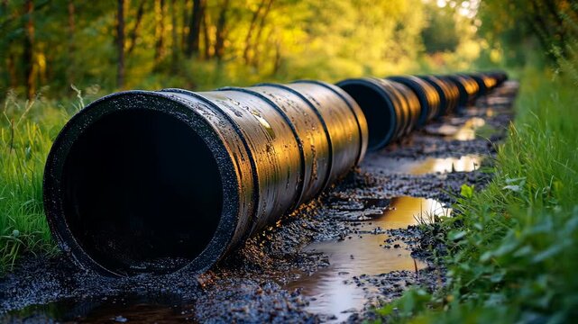 A row of large black pipes lies in a muddy ditch in a forest