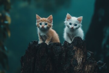 A hollowed tree log contains two baby kittens