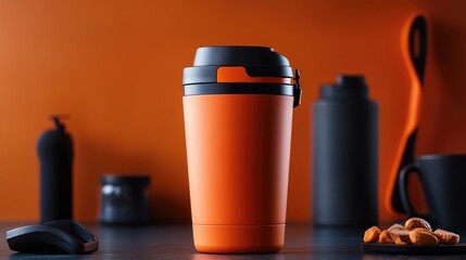 Vibrant orange modern shaker for sports nutrition featuring a sleek design and perfect for fitness enthusiasts