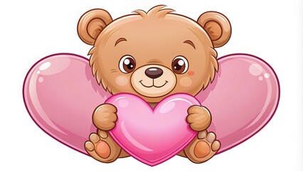 Obraz premium Cartoon Baby Bear Holding Heart - Cute Baby Bear Illustration
