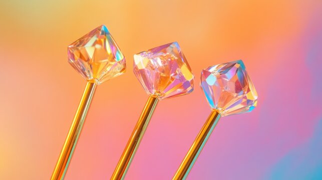 Vibrant live resin diamonds displayed on a gold titanium dab tool set against a colorful gradient backdrop