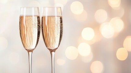 Two champagne glasses poised for celebration with a bokeh backdrop