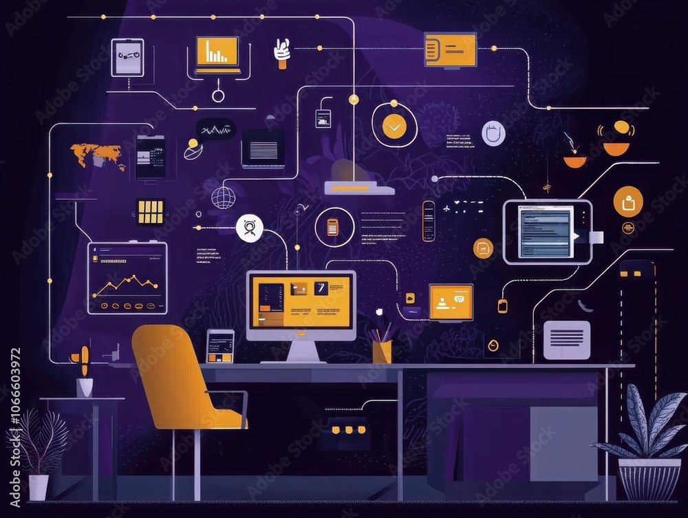 Poster modern infographic showcasing remote working efficiency with clear visuals and data integration tech