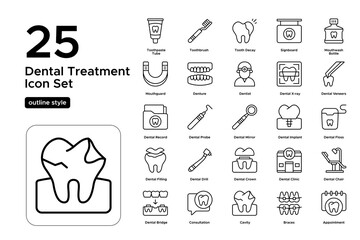 Dental Treatment Outline Icon Set: Dental Checkups, Treatment Plans, and Oral Health Icons
