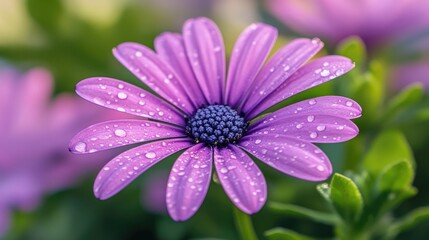 Fototapeta premium Vibrant purple flower showcasing delicate petals adorned with raindrops highlighting the elegance and tranquility of nature in exquisite detail