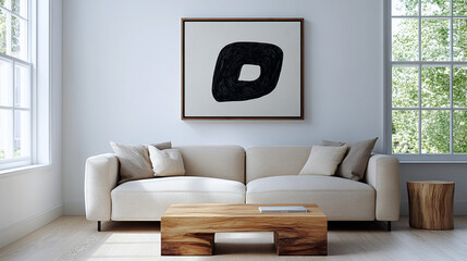Sala de estar minimalista con sofá neutro, mesa de madera y obra de arte abstracta en ambiente luminoso.