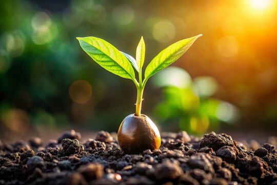 Closeup Drone Photography of a Sprouted Avocado Seed Emerging from the Ground, Highlighting Nature's Beauty and Growth Process in a Lush Environment