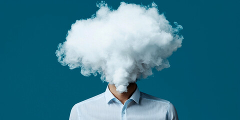 A surreal image of a person with a cloud for a head, symbolizing creativity, imagination, and the blend of human and nature.