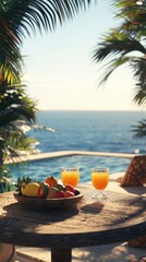 Fototapeta premium First-person view from an elegant villa terrace with a clear view of the ocean under the midday sun