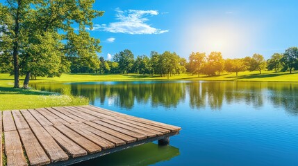 Obraz premium Serene Lake View with Dock and Lush Greenery