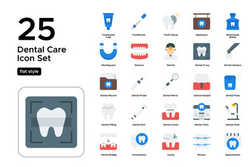 Dental Care Flat Icon Set: Preventive Care, Teeth Cleaning, and Oral Health Icons