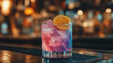 Vibrant close up of an exotic pink blue cocktail with ice and lemon on a bar counter