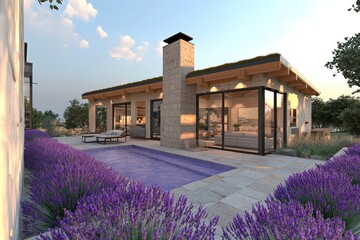 Country home with a modern synthetic roof and lavender pool in 3D.
