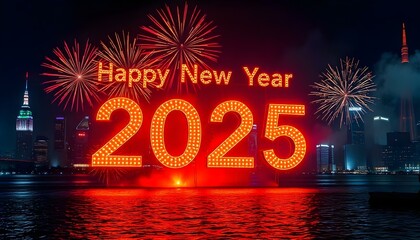 Happy New Year 2025 Neon Celebration Over City Skyline with Fireworks in 4K