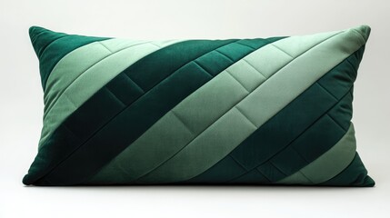A green velvet pillow with a geometric pattern of diagonal stripes.
