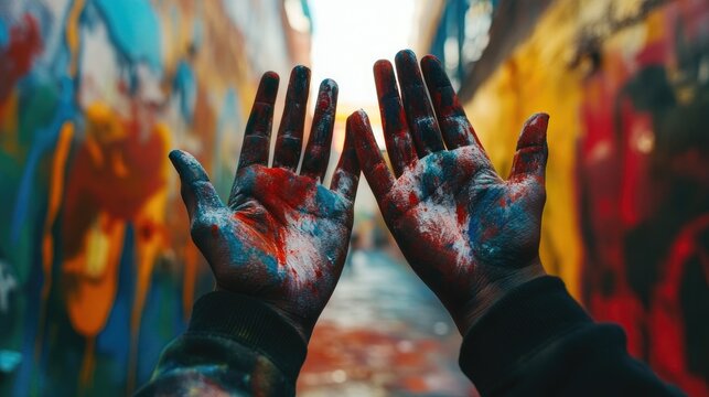 Teenager s hands splattered with paint while creating a public art piece in a bright elevated urban environment