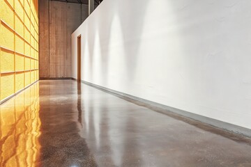 Modern hallway with golden lighting and glossy concrete floors.