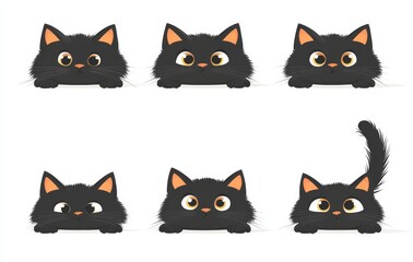 Obraz premium An illustration of a cat silhouetted against a dark background. A cute black cat face peeking out from behind something. Cat playing. Isolated cat head clipart.