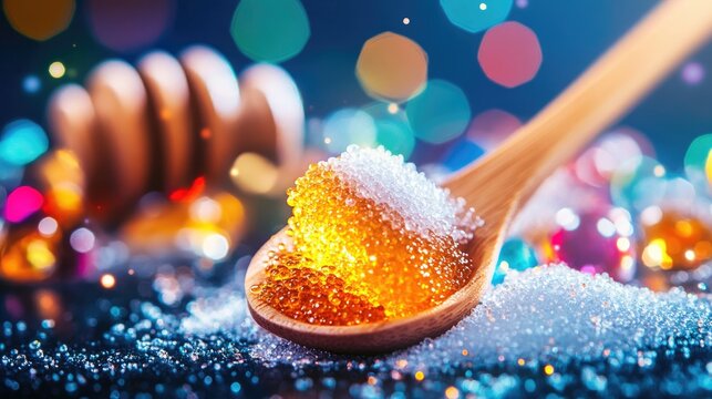 Sugar Substitutes and Artificial Sweeteners in Wooden Spoons Including Sorbitol Fructose Honey Sucralose and Aspartame Natural and Synthetic Food Additives