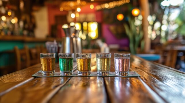Tequila shots arranged on a rustic wooden tabletop in a vibrant bar setting