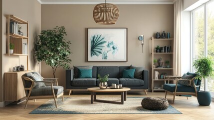 Fototapeta premium Modern Living Room with Wooden Accents and Teal Touches