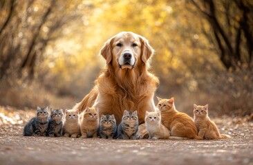 Obraz premium An image of a dog taking a selfie with a group of dogs and cats in the background. Stock image.