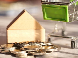 Loan for purchasing a home, consisting of a house and a money cart. Business and finance concept.