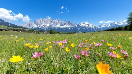 Fototapeta premium Tranquil Alpine Meadow with Wildflowers Under Blue Sky