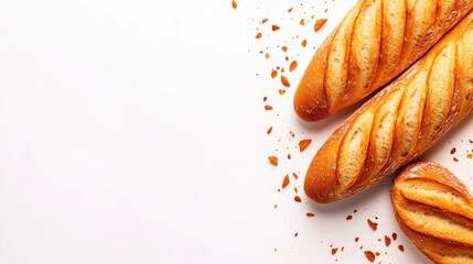 Two fresh baguettes on a white background