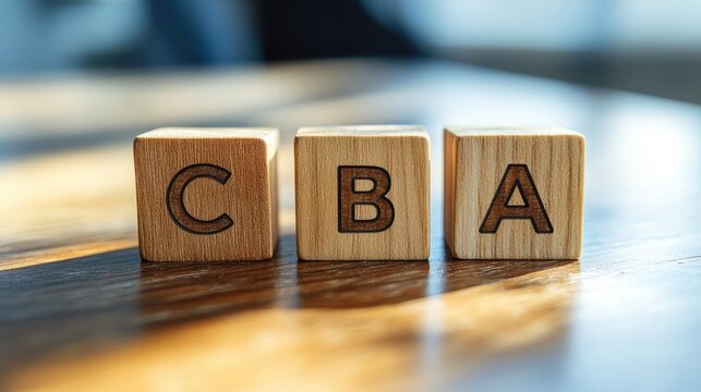 Three wooden blocks displaying the letters CBA on a whiteboard symbolizing Cost Benefit Assessment