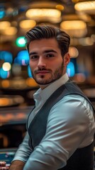 Obraz premium Close-up portrait photo of a stylish casino croupier with model-like features