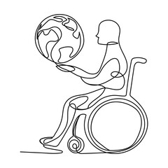 3 December world disability day poster with continuous line black drawing in minimalistic style, elderly man walking with help of crutches, calligraphy vector illustration