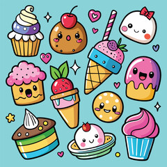 Sticker Set Of Cute Cartoon Ice Cream And Cake Stickers Featuring Various Desserts With Happy Expressions ice cream set